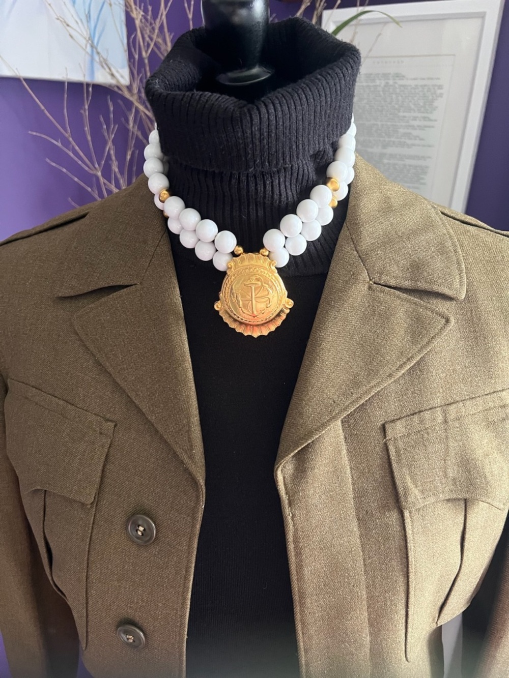 Vintage White Chunky Double Strand Necklace With Gold  Medallion Pendant